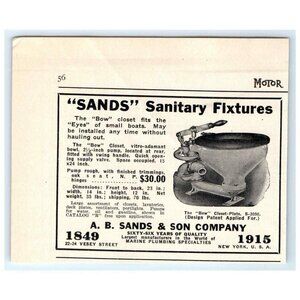 1915 Print Ad A.B Sands & Son Company Sanitary Fixtures Small Boat Bow Closet!